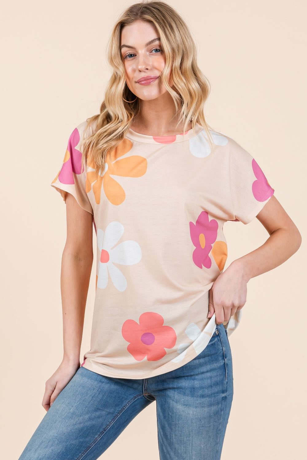 BOMBOM Floral Short Sleeve T-Shirt - Fashionqueene.com-BOMBOM Floral Short Sleeve T-Shirt