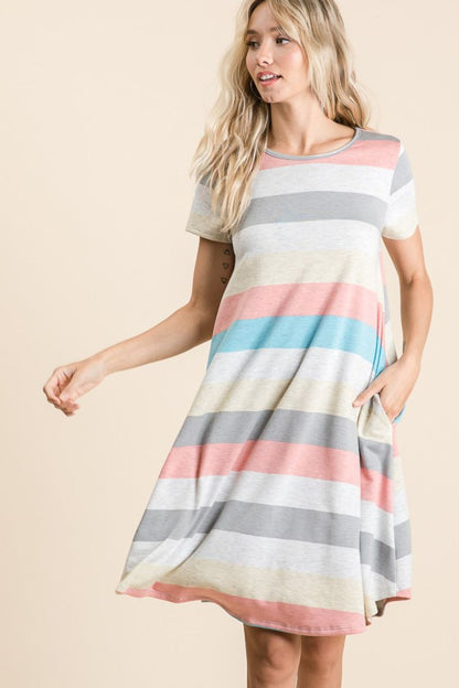 BOMBOM Striped Short Sleeve Dress with Pockets - Fashionqueene.com-BOMBOM Striped Short Sleeve Dress with Pockets