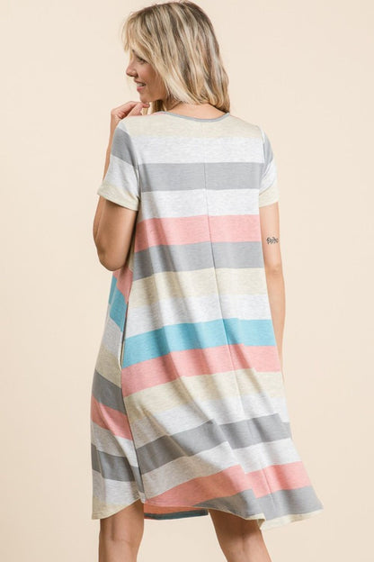 BOMBOM Striped Short Sleeve Dress with Pockets - Fashionqueene.com-BOMBOM Striped Short Sleeve Dress with Pockets