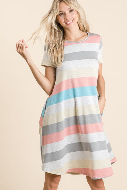 BOMBOM Striped Short Sleeve Dress with Pockets - Fashionqueene.com-BOMBOM Striped Short Sleeve Dress with Pockets