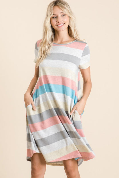 BOMBOM Striped Short Sleeve Dress with Pockets - Fashionqueene.com-BOMBOM Striped Short Sleeve Dress with Pockets