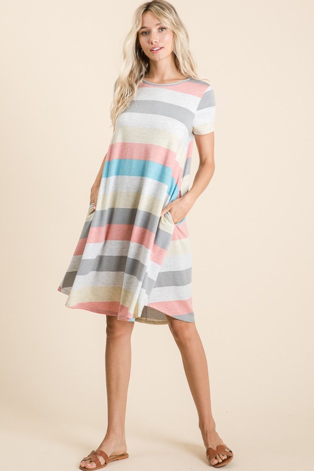 BOMBOM Striped Short Sleeve Dress with Pockets - Fashionqueene.com-BOMBOM Striped Short Sleeve Dress with Pockets