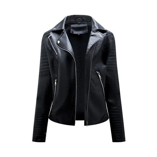 Black Lapel Faux Leather Jacket Zipper Pu Coat Female Biker - Fashionqueene.com-faux leather jacket