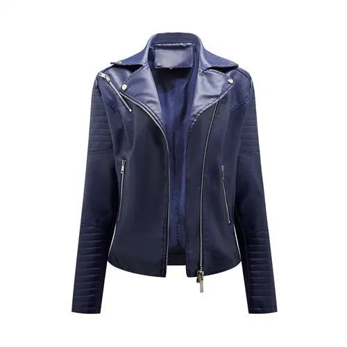 Black Lapel Faux Leather Jacket Zipper Pu Coat Female Biker - Fashionqueene.com-faux leather jacket