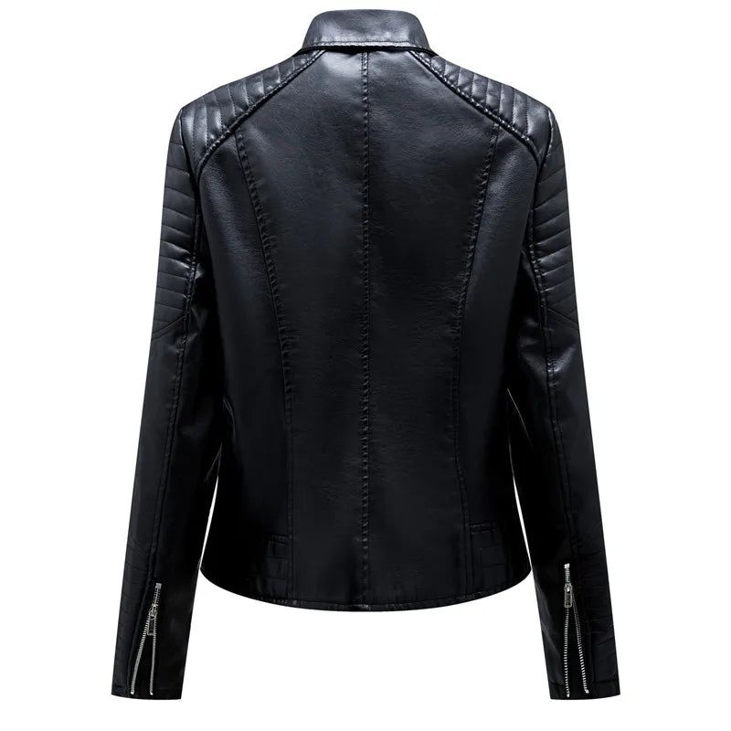 Black Lapel Faux Leather Jacket Zipper Pu Coat Female Biker - Fashionqueene.com-faux leather jacket