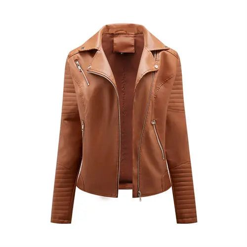 Black Lapel Faux Leather Jacket Zipper Pu Coat Female Biker - Fashionqueene.com-faux leather jacket