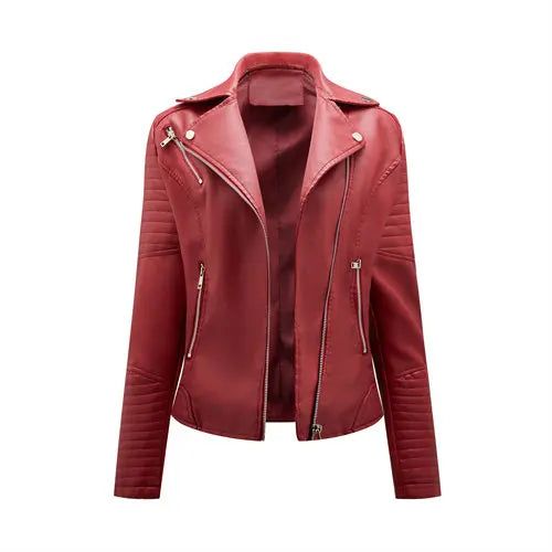 Black Lapel Faux Leather Jacket Zipper Pu Coat Female Biker - Fashionqueene.com-faux leather jacket