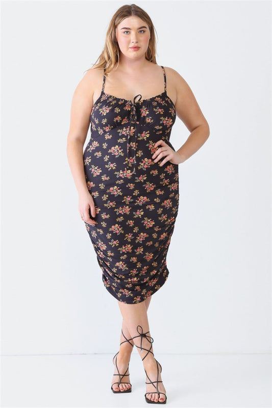 Blue Leopard Plus Size Ruched Floral Square Neck Cami Dress - Fashionqueene.com-Blue Leopard Plus Size Ruched Floral Square Neck Cami Dress