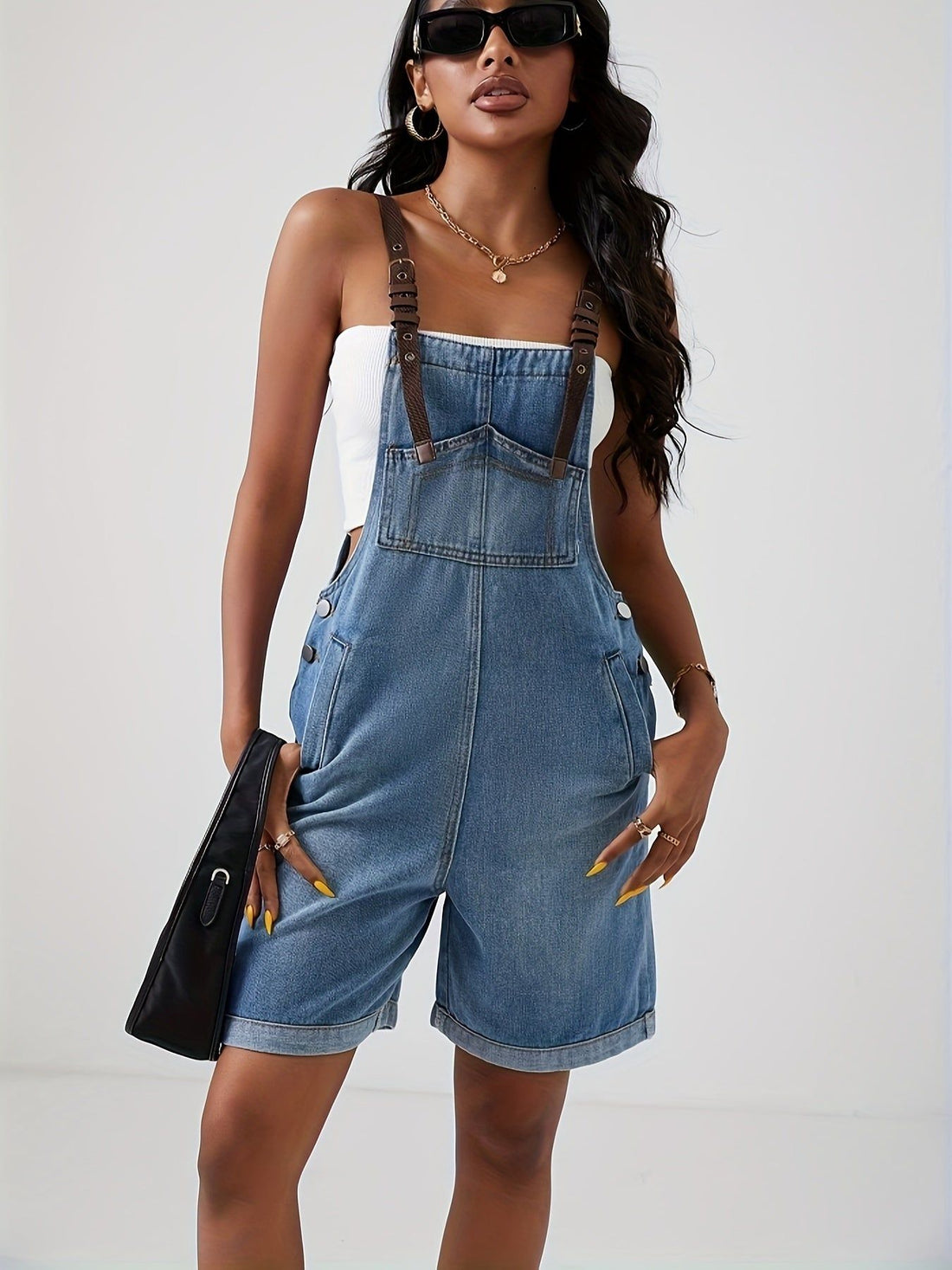 Blue Denim Jumpsuit with Bold Contrast Straps - Distressed Ripped Holes, Non-Stretch Romper - Fashionable Womens Clothing, Trendy Denim Statement - Fashionqueene.com