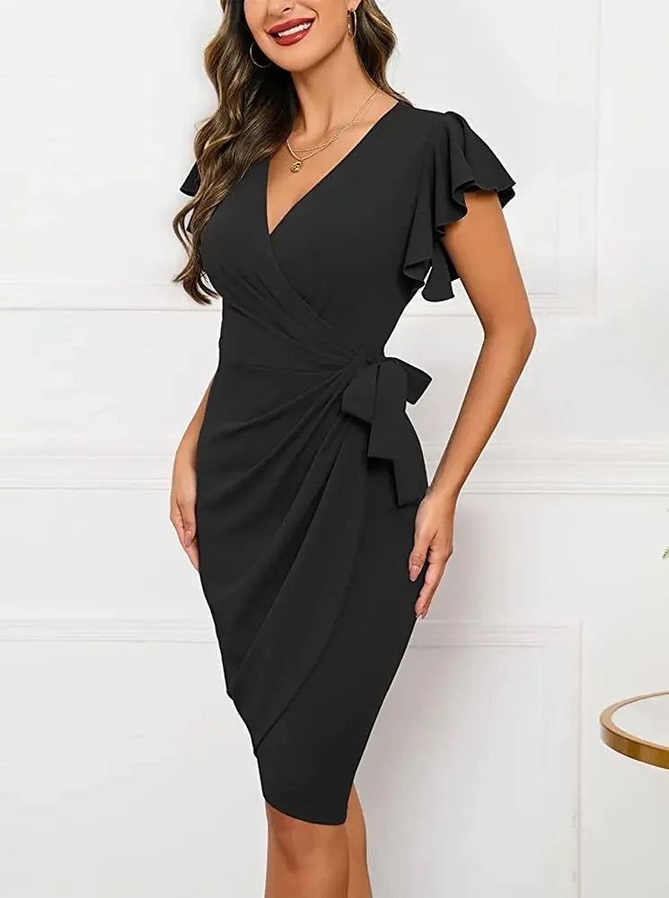 Bodycon Dress Cocktail Faux Wrap Deep V Neck Ruffle Sleeve - Fashionqueene.com-Bodycon Sexy Summer Dress Cocktail Faux Wrap Deep V Neck Ruffle Sleeve Ruched Party Work Formal Wedding Dresses for Women