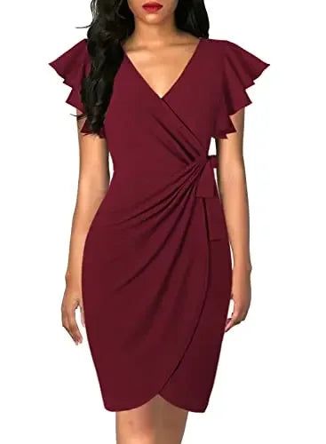 Bodycon Dress Cocktail Faux Wrap Deep V Neck Ruffle Sleeve - Fashionqueene.com-Bodycon Sexy Summer Dress Cocktail Faux Wrap Deep V Neck Ruffle Sleeve Ruched Party Work Formal Wedding Dresses for Women