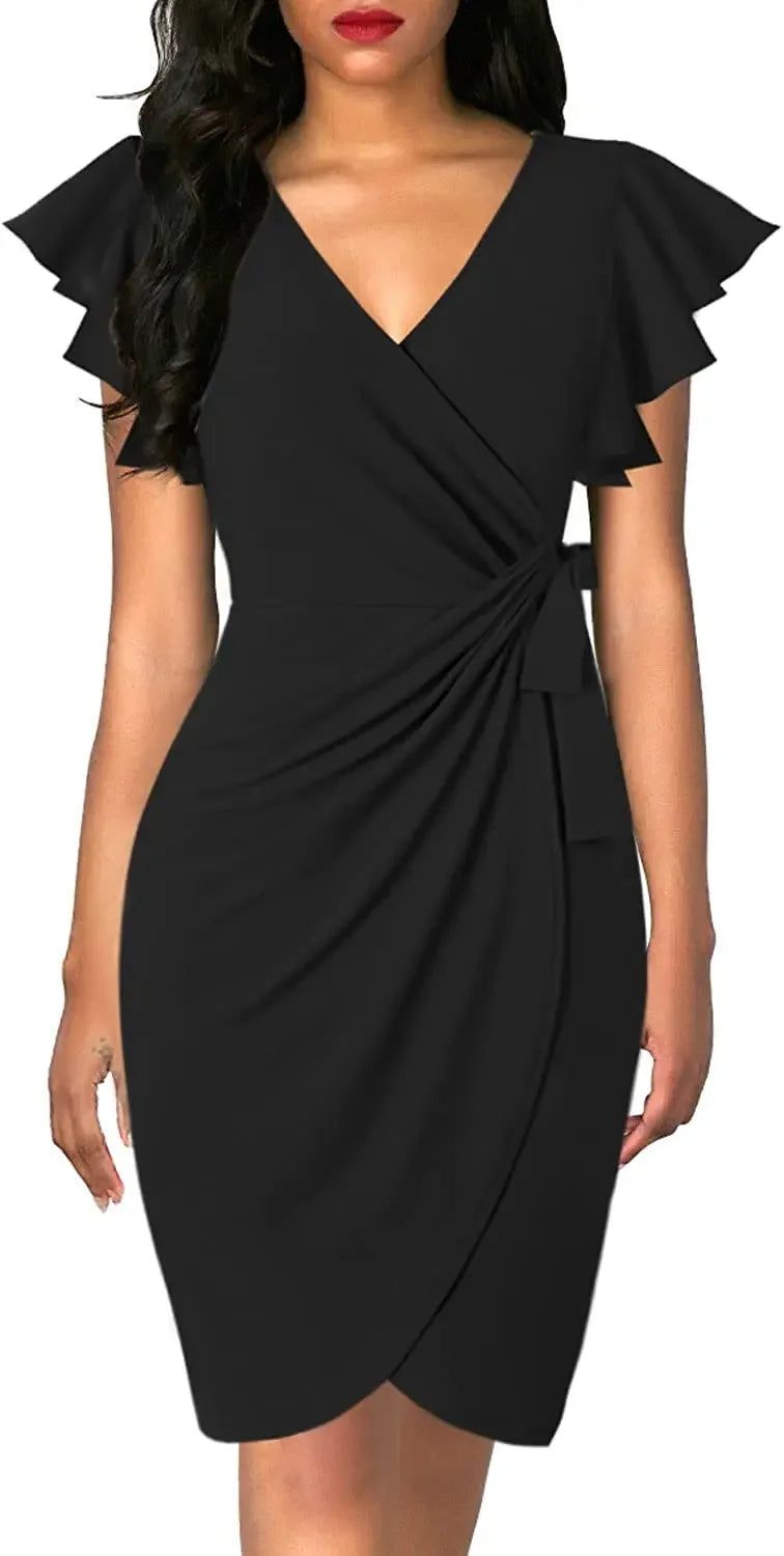 Bodycon Dress Cocktail Faux Wrap Deep V Neck Ruffle Sleeve - Fashionqueene.com-Bodycon Sexy Summer Dress Cocktail Faux Wrap Deep V Neck Ruffle Sleeve Ruched Party Work Formal Wedding Dresses for Women