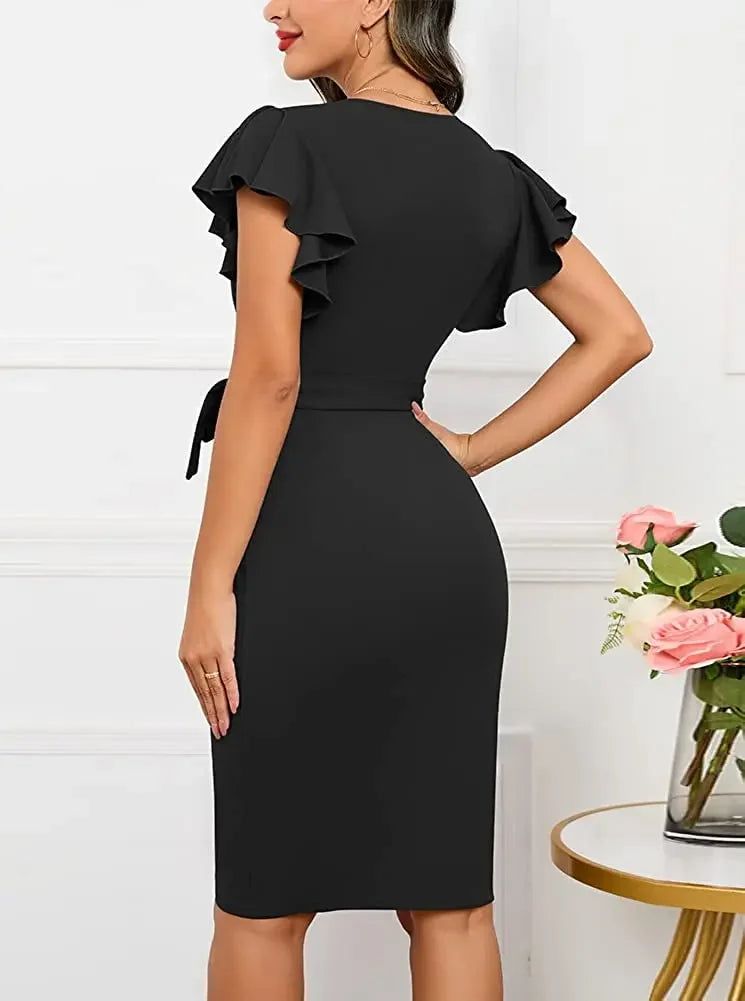 Bodycon Dress Cocktail Faux Wrap Deep V Neck Ruffle Sleeve - Fashionqueene.com-Bodycon Sexy Summer Dress Cocktail Faux Wrap Deep V Neck Ruffle Sleeve Ruched Party Work Formal Wedding Dresses for Women