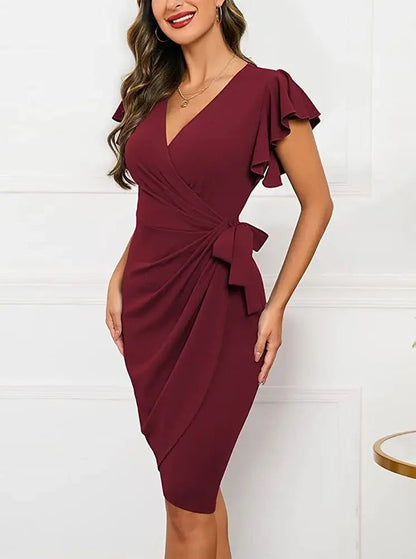 Bodycon Dress Cocktail Faux Wrap Deep V Neck Ruffle Sleeve - Fashionqueene.com-Bodycon Sexy Summer Dress Cocktail Faux Wrap Deep V Neck Ruffle Sleeve Ruched Party Work Formal Wedding Dresses for Women