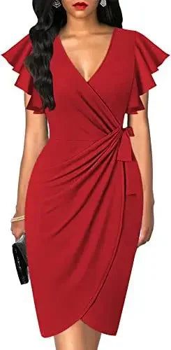 Bodycon Dress Cocktail Faux Wrap Deep V Neck Ruffle Sleeve - Fashionqueene.com-Bodycon Sexy Summer Dress Cocktail Faux Wrap Deep V Neck Ruffle Sleeve Ruched Party Work Formal Wedding Dresses for Women