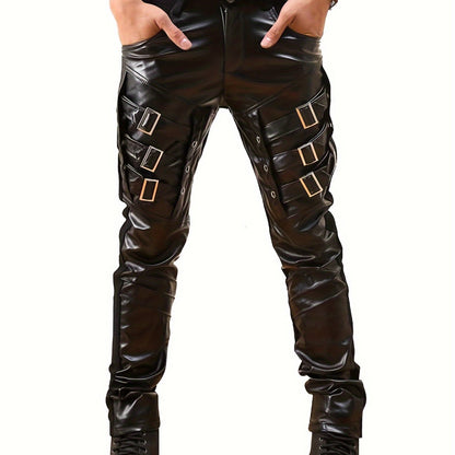 Boys Rock Punk Hip Hop Faux Leather Pants - Metal Buckle Detail - Fashionqueene.com-boys leather pants