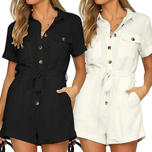 Casual Short Sleeve Button Down Short Rompers - Fashionqueene.com-2023 Summer Casual Playsuit Women Fashion Short Sleeve Button Down Short Rompers Office Ladies Pockets Rompers Women Jumpsuits