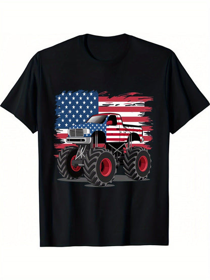 Cool Truck 4th Of July Independence Day Print Boys T-Shirt - Vibrant Short Sleeve - Fashionqueene.com-t-shirt