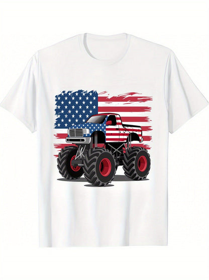 Cool Truck 4th Of July Independence Day Print Boys T-Shirt - Vibrant Short Sleeve - Fashionqueene.com-t-shirt