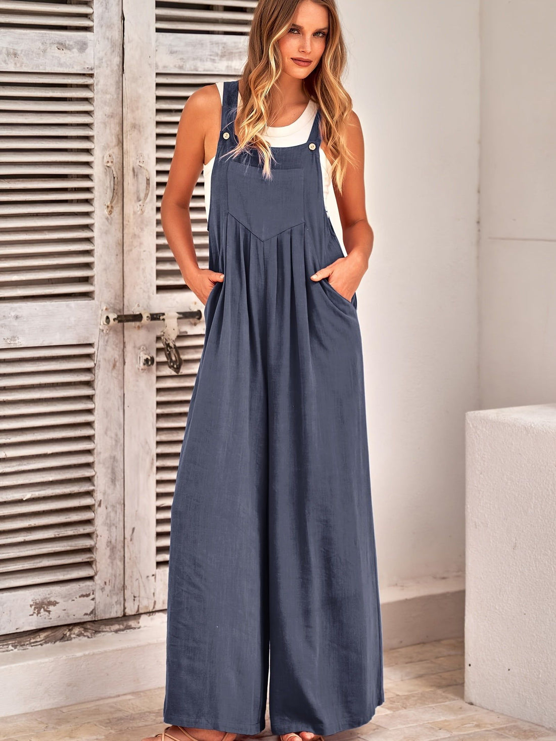 Cotton Solid Color Strappy Back Ruched Sleeveless Overall Jumpsuit with Pockets - Casual Button Decor, Comfortable and Breathable, Perfect for Spring and Summer - Womens Clothing - Fashionqueene.com