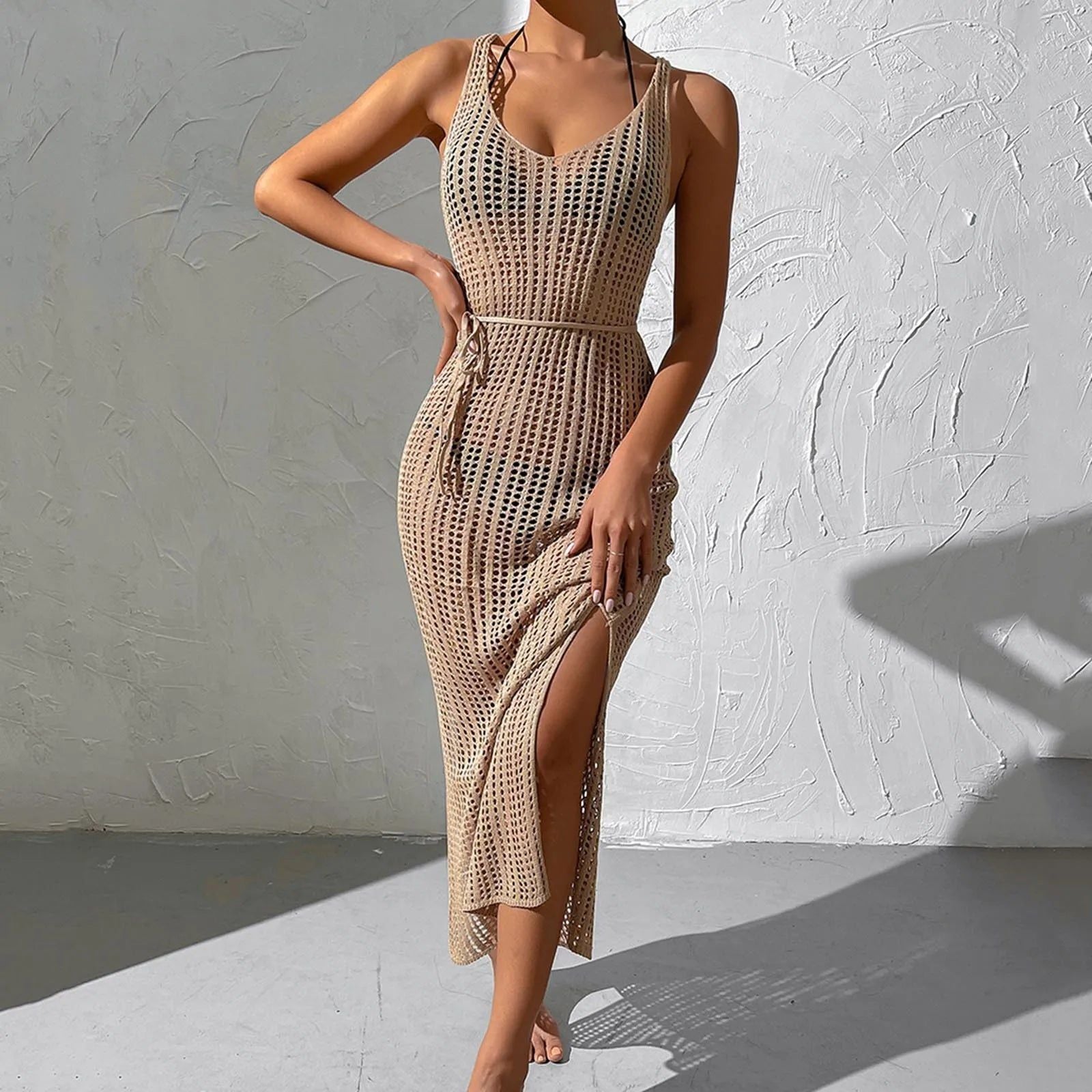 Crochet Tunic Knitted Kaftan Sexy Backless Vestidos Hollow Out Robe Long Beach Dress Slit 2023 Outer Cover Women Cover-ups Swim - Fashionqueene.com