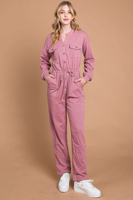 Culture Code Full Size Button Up Drawstring Waist Straight Jumpsuit - Fashionqueene.com-Culture Code Full Size Button Up Drawstring Waist Straight Jumpsuit