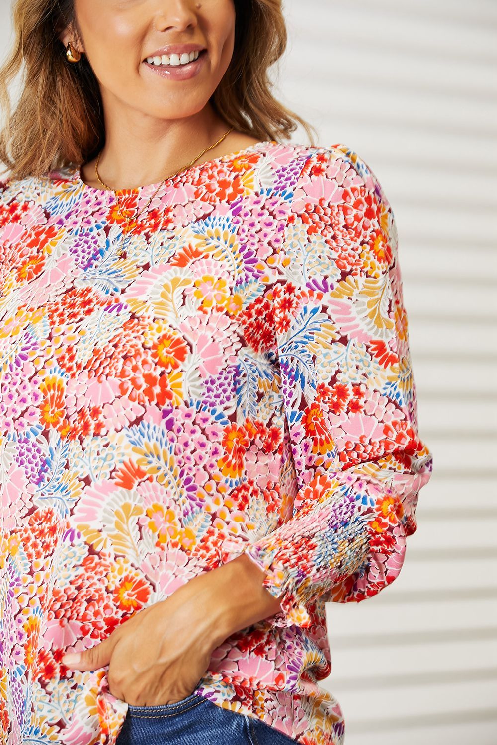 Double Take Floral Print Long Puff Sleeve Blouse - Fashionqueene.com-Double Take Floral Print Long Puff Sleeve Blouse