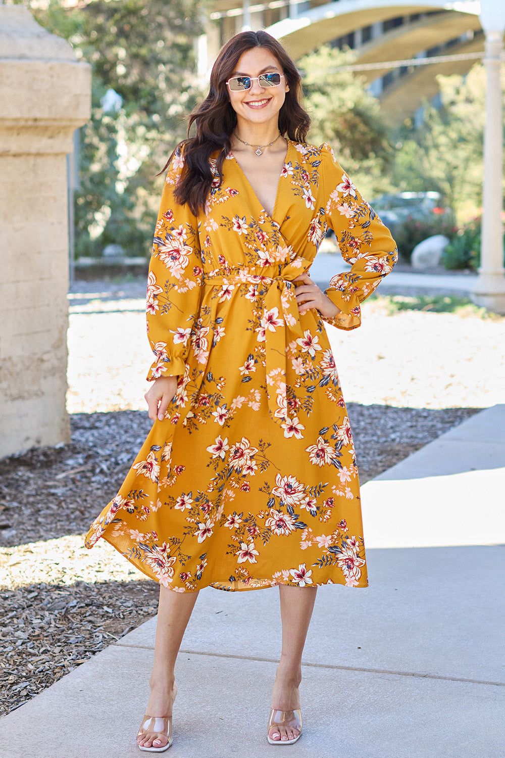 Double Take Full Size Floral Tie Back Flounce Sleeve Dress - Fashionqueene.com-Double Take Full Size Floral Tie Back Flounce Sleeve Dress