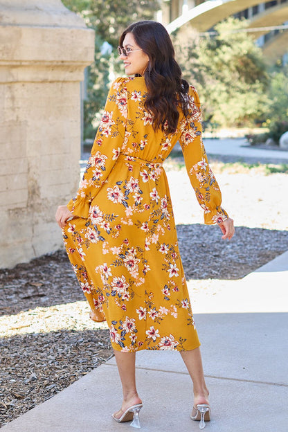 Double Take Full Size Floral Tie Back Flounce Sleeve Dress - Fashionqueene.com-Double Take Full Size Floral Tie Back Flounce Sleeve Dress