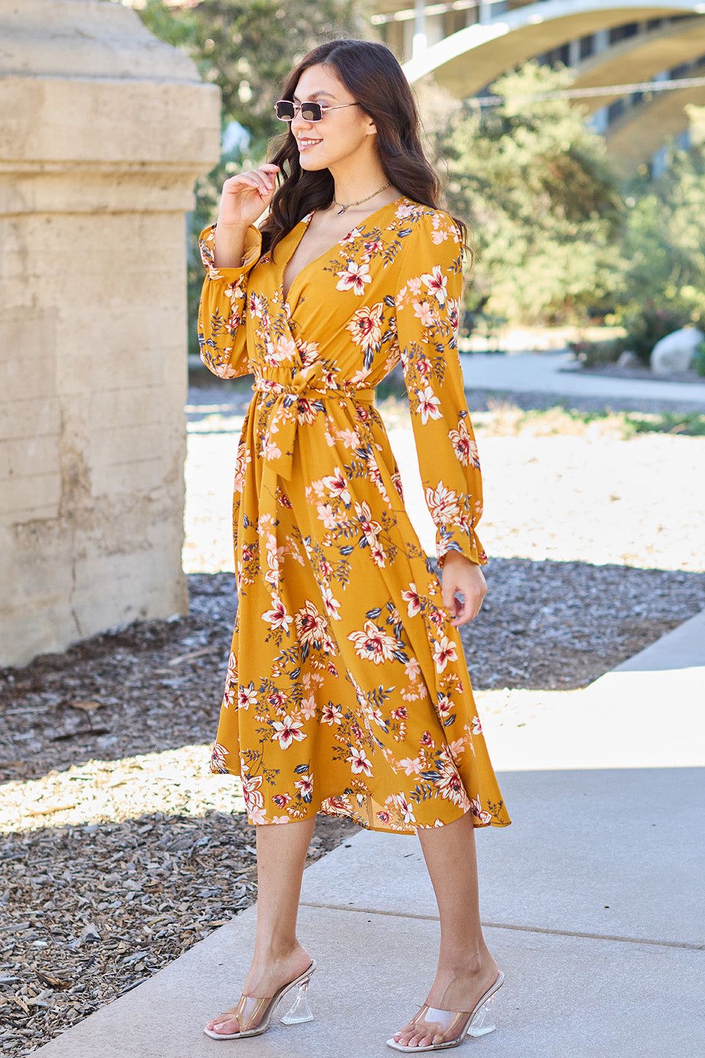 Double Take Full Size Floral Tie Back Flounce Sleeve Dress - Fashionqueene.com-Double Take Full Size Floral Tie Back Flounce Sleeve Dress