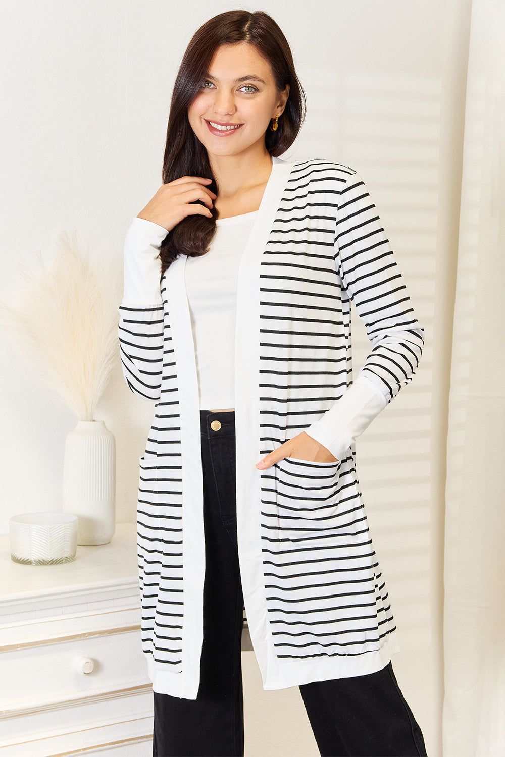 Double Take Striped Open Front Longline Cardigan - Fashionqueene.com-Double Take Striped Open Front Longline Cardigan