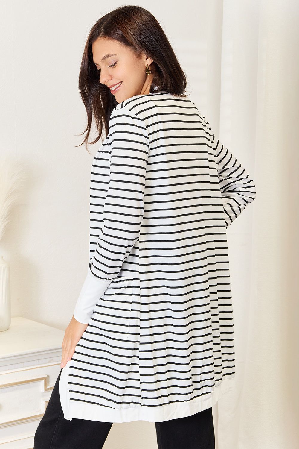 Double Take Striped Open Front Longline Cardigan - Fashionqueene.com-Double Take Striped Open Front Longline Cardigan