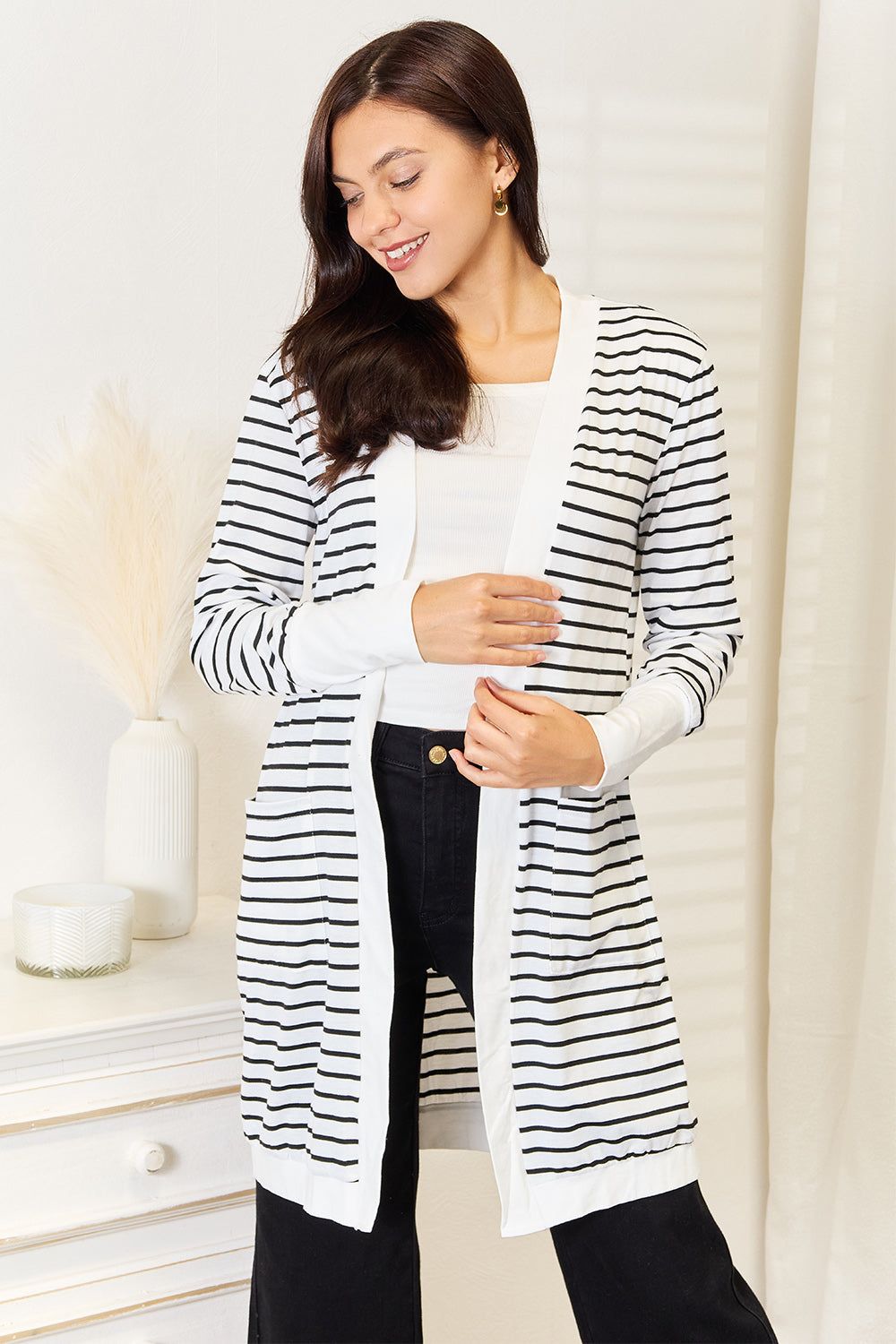 Double Take Striped Open Front Longline Cardigan - Fashionqueene.com-Double Take Striped Open Front Longline Cardigan