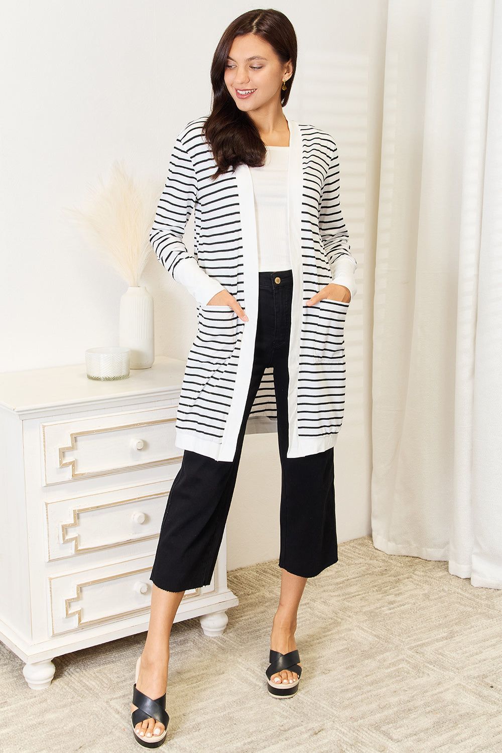 Double Take Striped Open Front Longline Cardigan - Fashionqueene.com-Double Take Striped Open Front Longline Cardigan