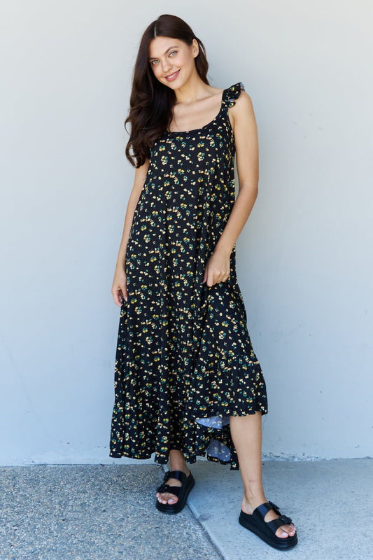 Doublju In The Garden Ruffle Floral Maxi Dress in  Black Yellow Floral - Fashionqueene.com-Doublju In The Garden Ruffle Floral Maxi Dress in Black Yellow Floral