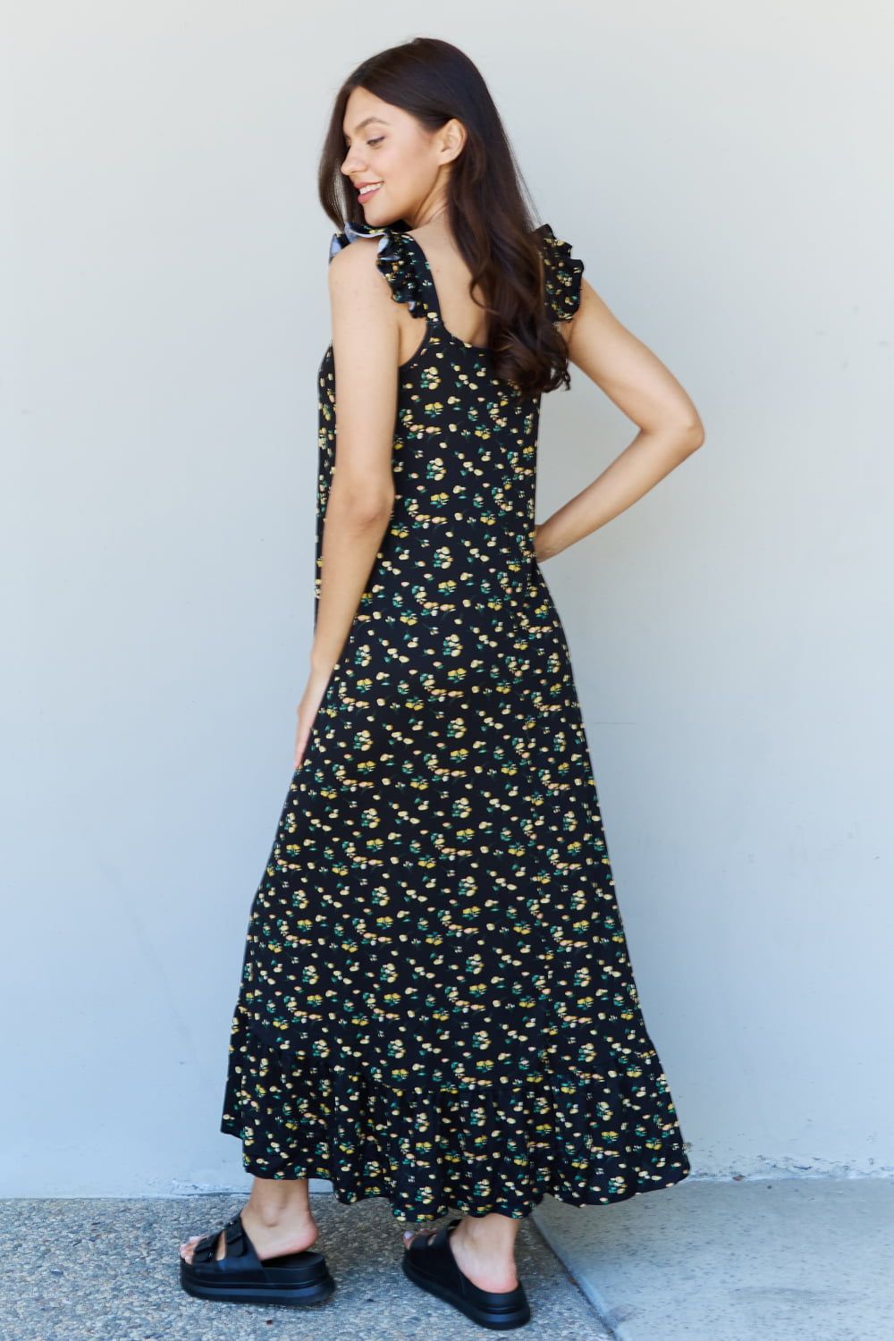 Doublju In The Garden Ruffle Floral Maxi Dress in  Black Yellow Floral - Fashionqueene.com-Doublju In The Garden Ruffle Floral Maxi Dress in Black Yellow Floral