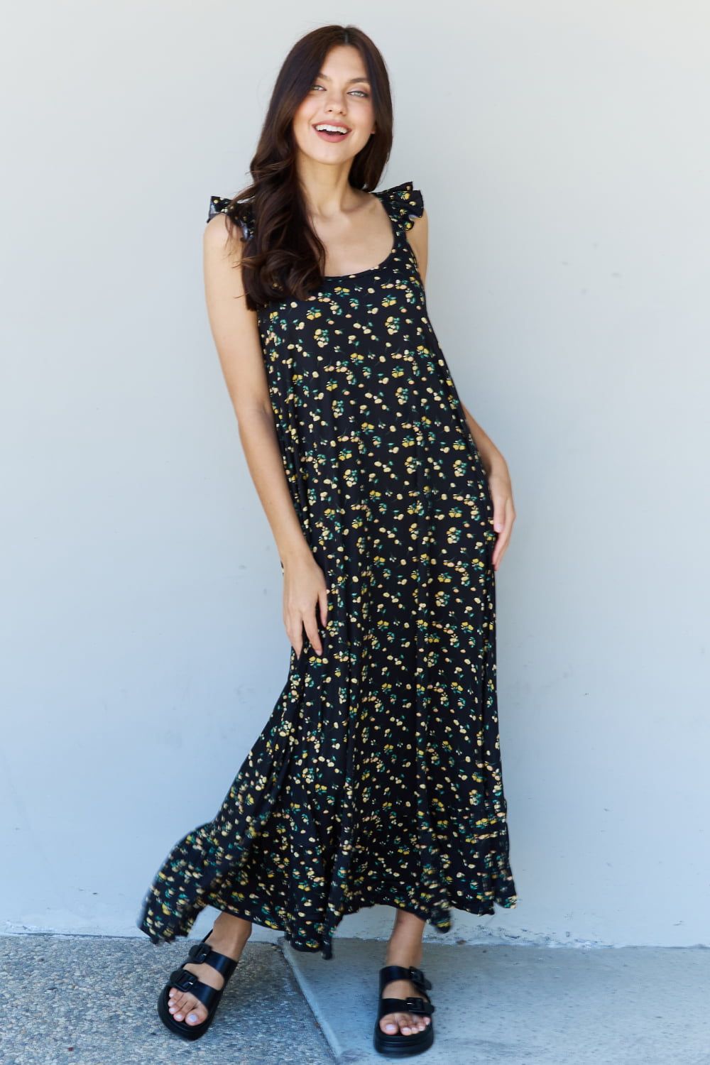 Doublju In The Garden Ruffle Floral Maxi Dress in  Black Yellow Floral - Fashionqueene.com-Doublju In The Garden Ruffle Floral Maxi Dress in Black Yellow Floral