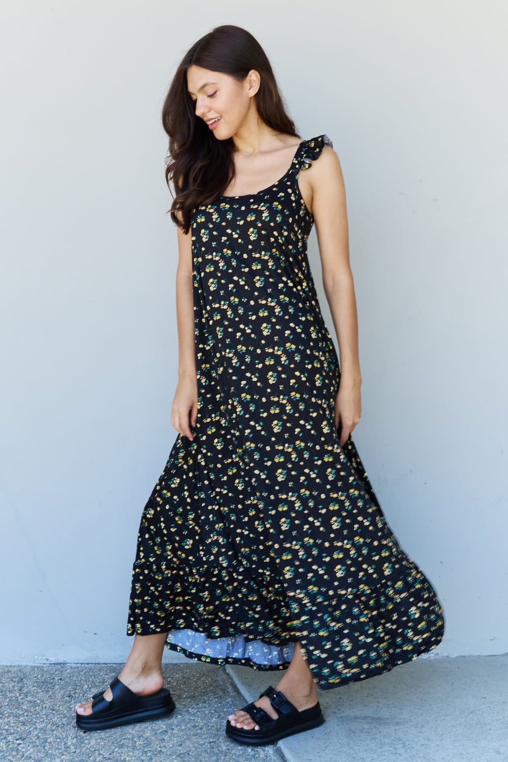 Doublju In The Garden Ruffle Floral Maxi Dress in  Black Yellow Floral - Fashionqueene.com-Doublju In The Garden Ruffle Floral Maxi Dress in Black Yellow Floral