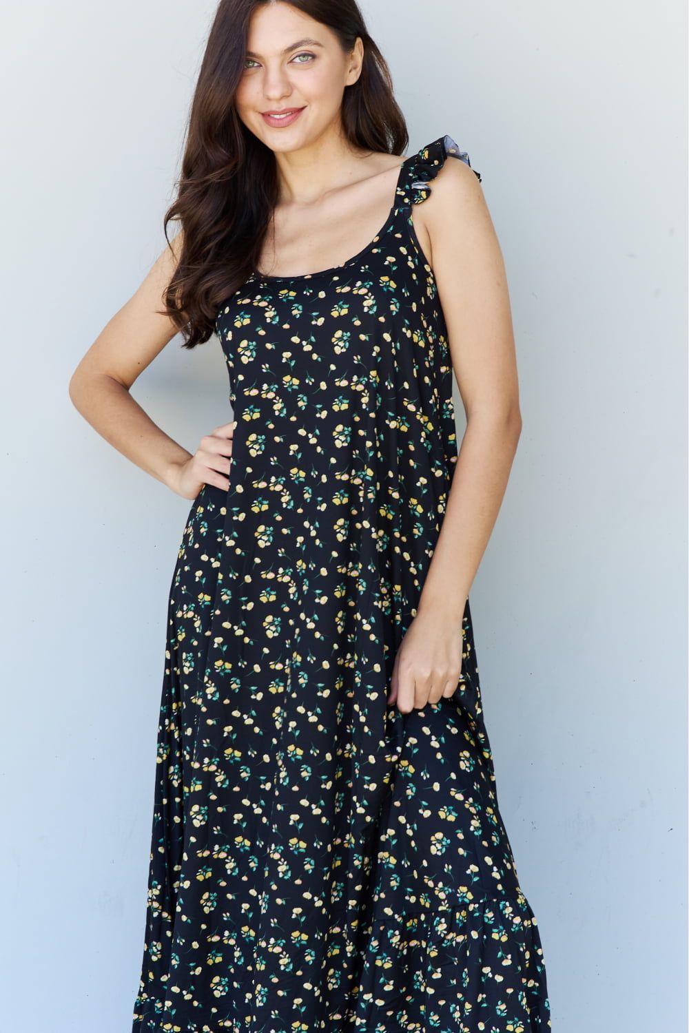 Doublju In The Garden Ruffle Floral Maxi Dress in  Black Yellow Floral - Fashionqueene.com-Doublju In The Garden Ruffle Floral Maxi Dress in Black Yellow Floral