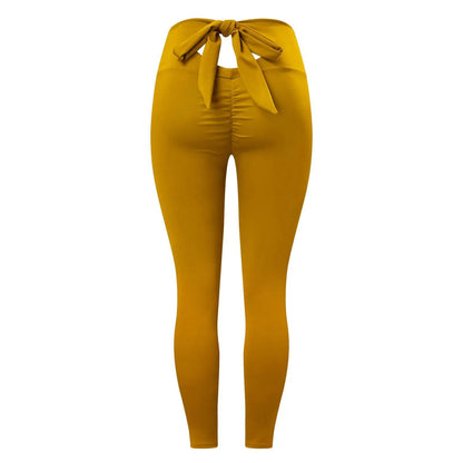 Elastic Fitness Pants With Bowknot Women Fashion Pleated Yoga - Fashionqueene.com-ladies pants