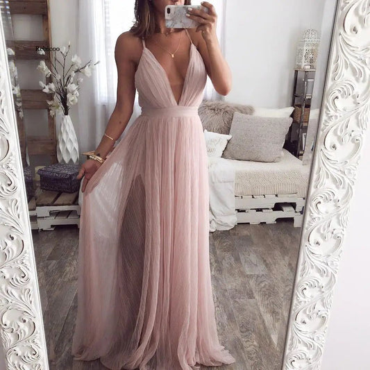 Elegant pink summer lace dress women evening Sexy club party dresses ladies V neck high waist mesh dress robe femme 2020 - Fashionqueene.com-Elegant pink summer lace dress women evening Sexy club party dresses ladies V neck high waist mesh dress robe femme 2020