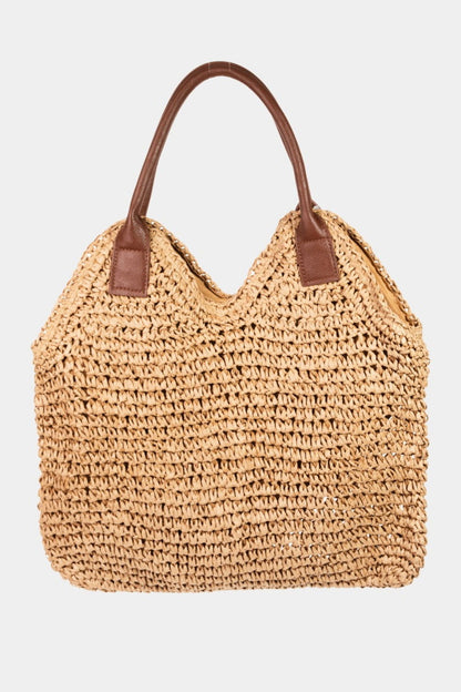 Fame Straw Braided Faux Leather Strap Shoulder Bag - Fashionqueene.com-Fame Straw Braided Faux Leather Strap Shoulder Bag