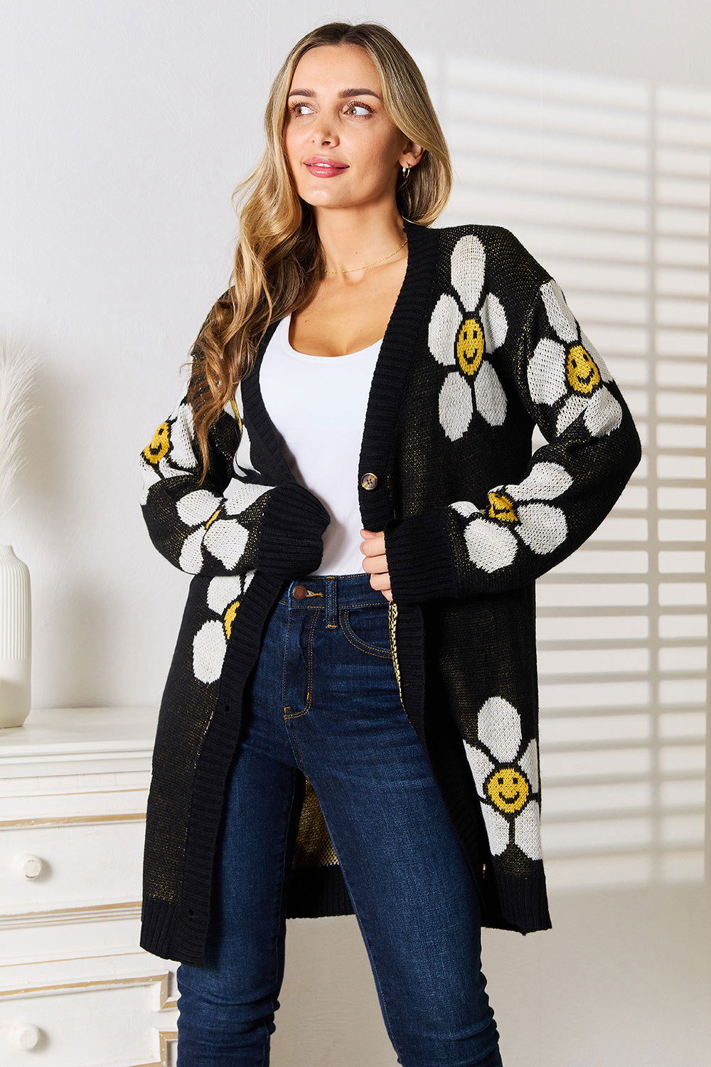 Floral Button Down Longline Cardigan - Fashionqueene.com-Floral Button Down Longline Cardigan