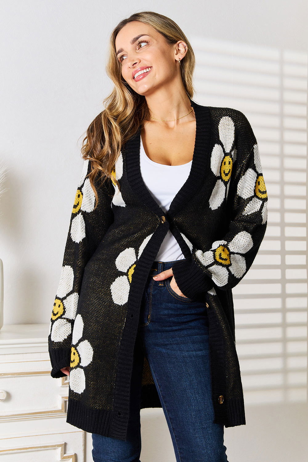 Floral Button Down Longline Cardigan - Fashionqueene.com-Floral Button Down Longline Cardigan