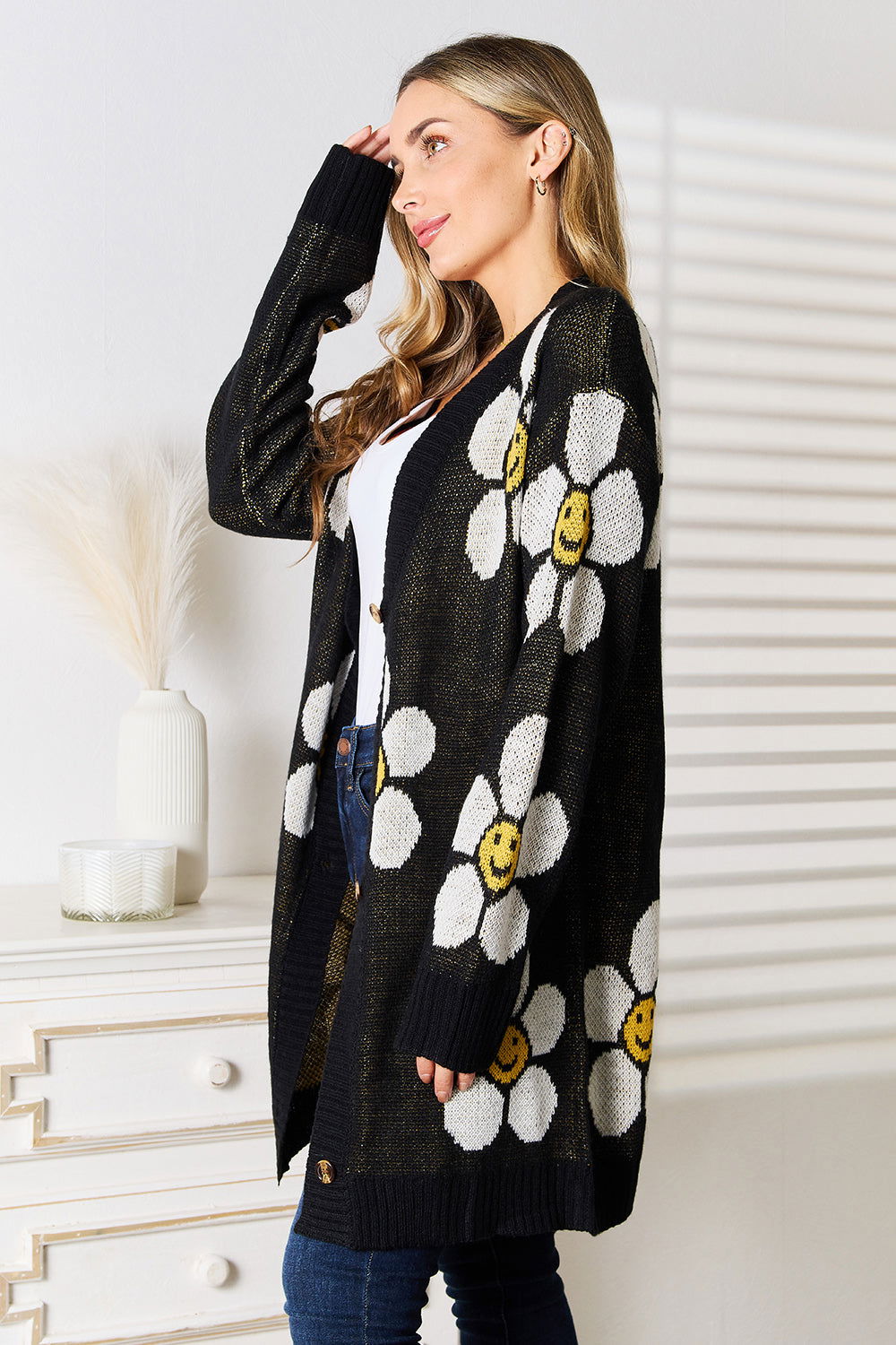 Floral Button Down Longline Cardigan - Fashionqueene.com-Floral Button Down Longline Cardigan