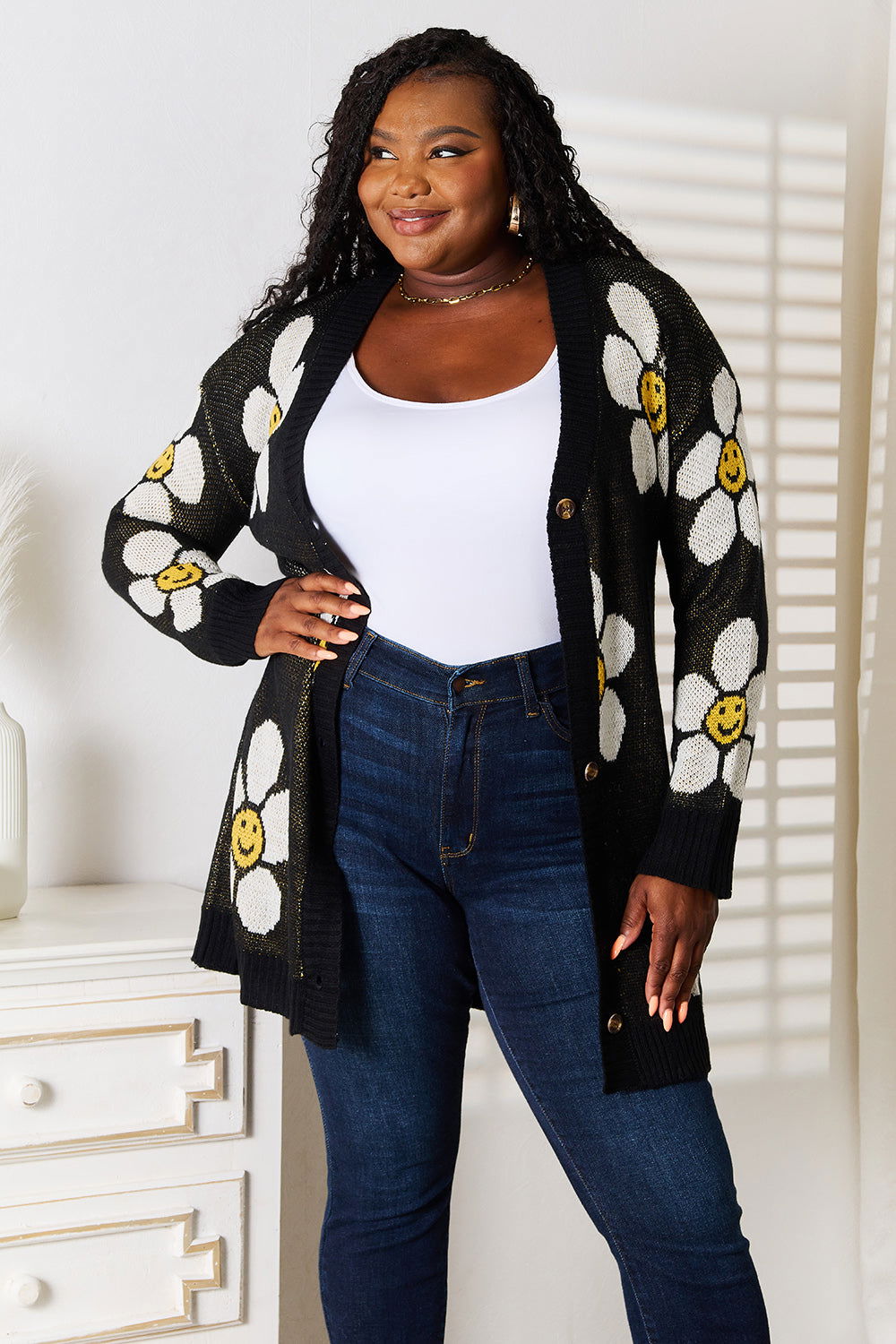 Floral Button Down Longline Cardigan - Fashionqueene.com-Floral Button Down Longline Cardigan