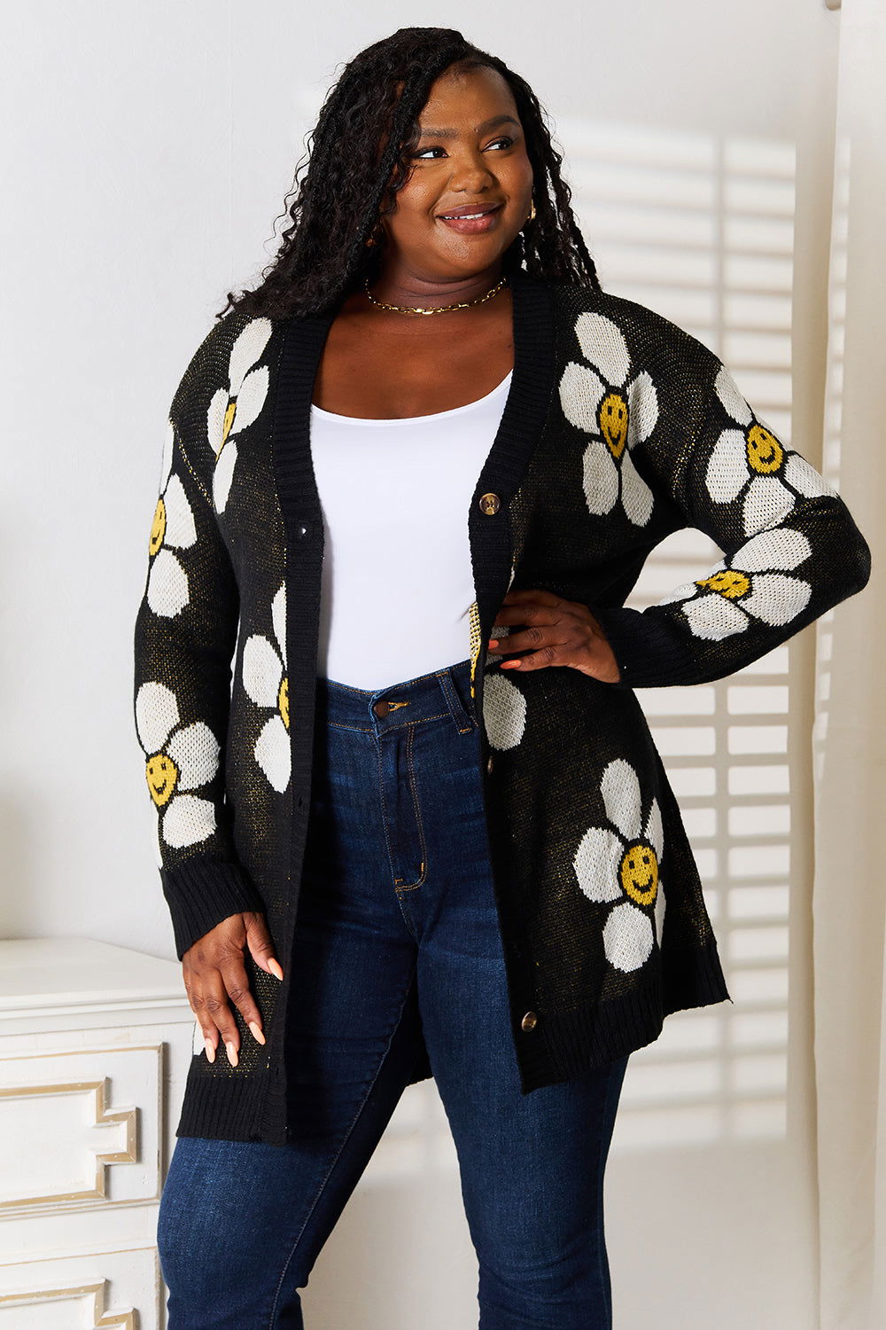 Floral Button Down Longline Cardigan - Fashionqueene.com-Floral Button Down Longline Cardigan