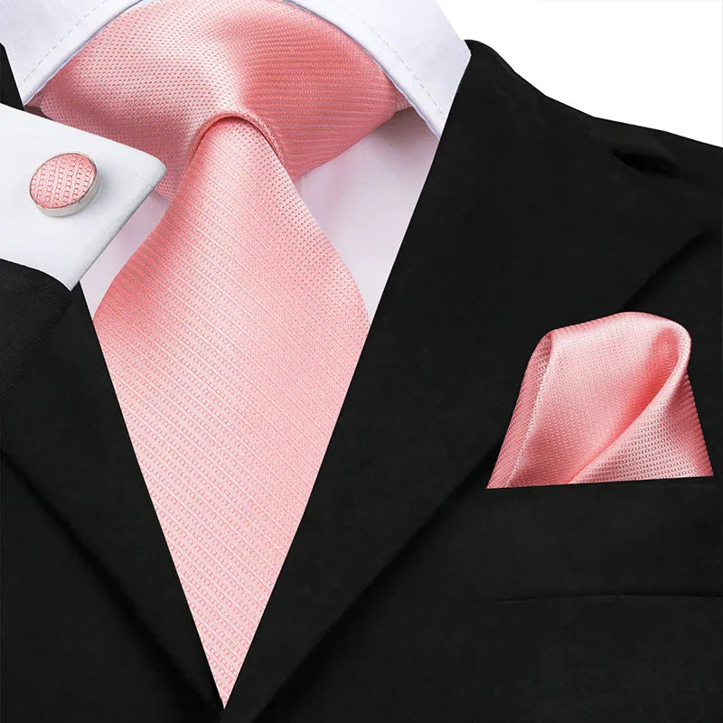 Coral 8.5cm Men's Ties Hanky Cufflinks Set Silk Tie For Men Pink Plaid Coral Luxury Wedding Party