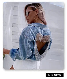 Denim Jacket Female Light Blue Diamond Tassel Coat Single-Breasted Open Back Women Jeans Coat