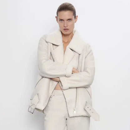 Thick and warm faux leather jacket Coat women's beige long-sleeved belt jacket women 2025 winter fashion new streetwear Tops